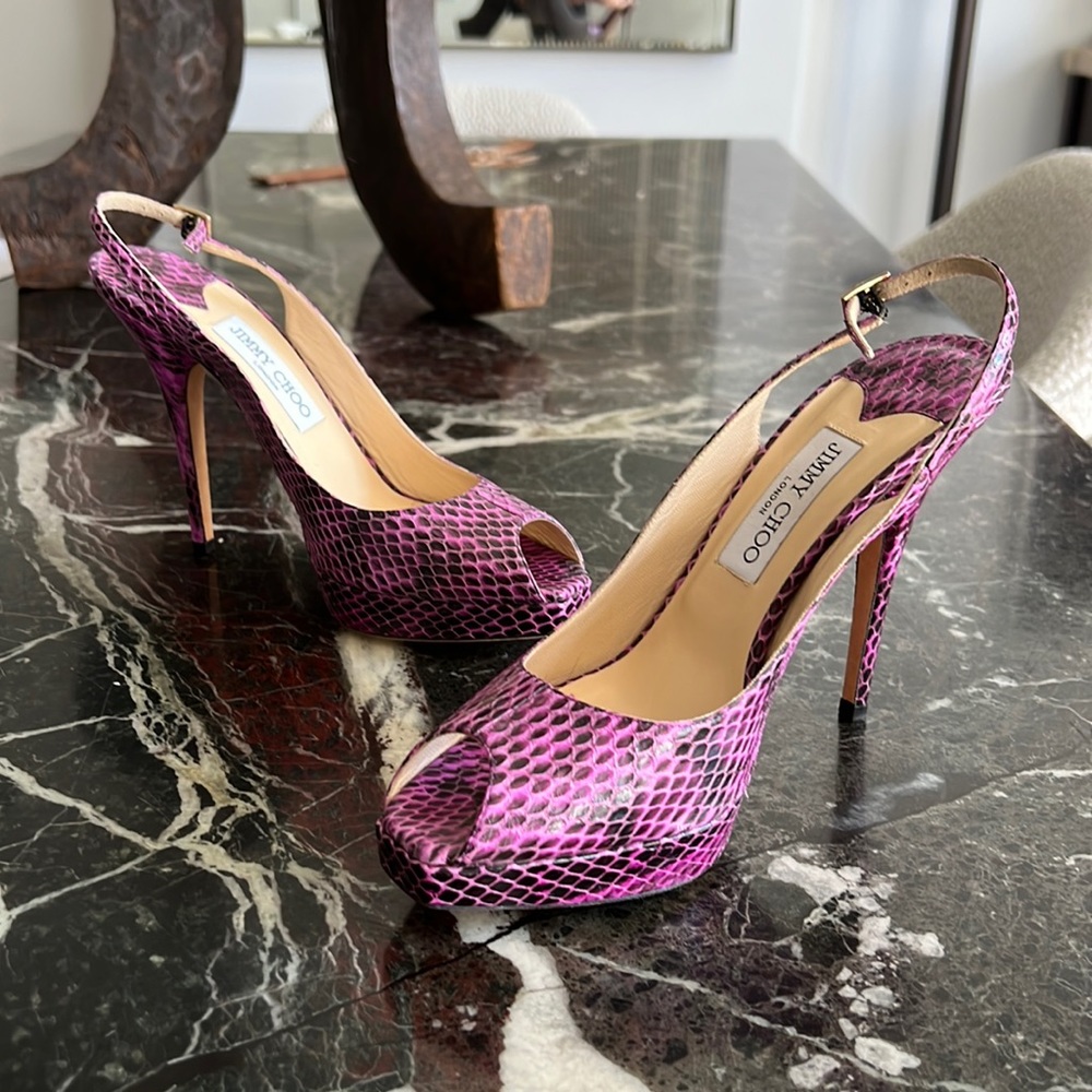 JIMMY CHOO London Pink & Black Python Platform Peep-Toe Sling Back Heels